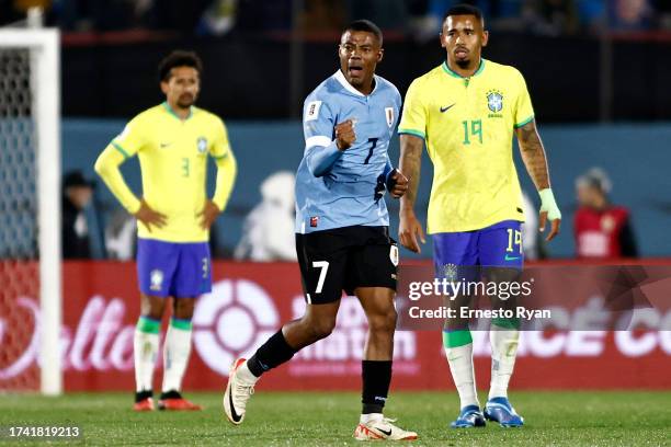 Nicolas de la Cruz of Uruguay celebrates after scoring the team's second goal during the FIFA World Cup 2026 Qualifier match between Uruguay and...