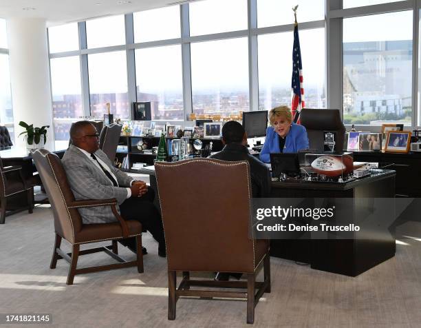 Las Vegas City Councilman Cedric Crear, Usher and Las Vegas Mayor Carolyn Goodman at City Hall on October 17, 2023 in Las Vegas, Nevada. Las Vegas...