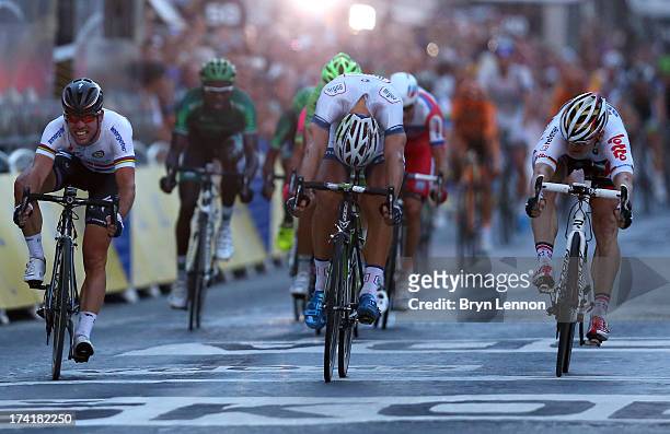 Marcel Kittel of Germany and Team Argos-Shimano wins the sprint during the twenty first and final stage of the 2013 Tour de France, a processional...