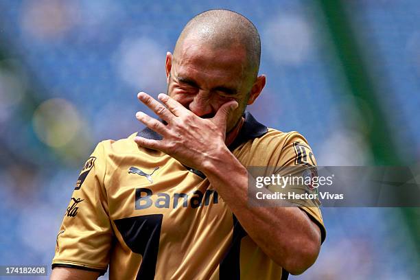 Fernando Espinosa of Pumas gestures during a match between Pumas and Puebla as part of the Torneo Apertura 2013 Liga Mx at Cuauhtemoc Stadium on July...