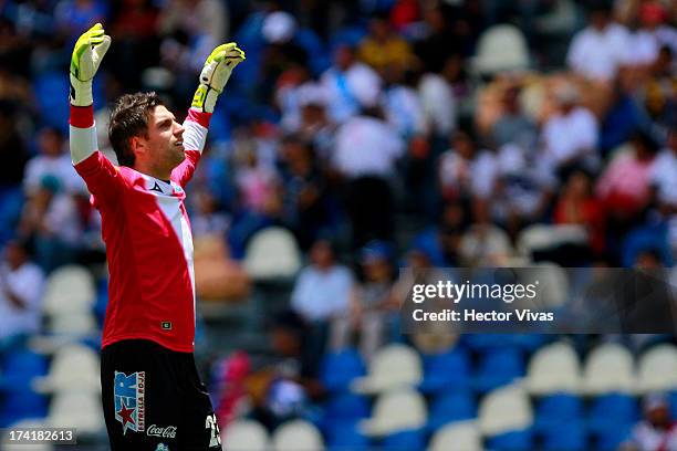 Jorge Villalpando, goalkeeper of Puebla celebrates a goal against Pumas during a match between Pumas and Puebla as part of the Torneo Apertura 2013...