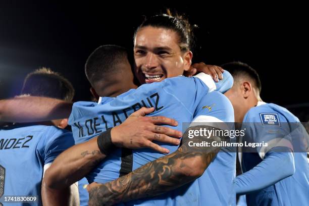 Nicolas de la Cruz of Uruguay celebrates with teammate Darwin Nuñez after scoring the team's second goal during the FIFA World Cup 2026 Qualifier...