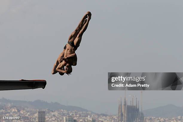 Jose Guerra Oliva and Jeinkler Aguirre Manso of Cuba compete in the Men's 10m Platform Synchronised Diving final on day two of the 15th FINA World...