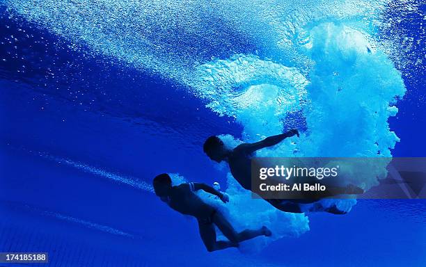 Kim Sun Bom and So Myong Hyok of North Korea compete in the Men's 10m Platform Synchronised Diving final on day two of the 15th FINA World...