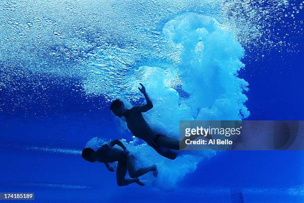 Kim Sun Bom and So Myong Hyok of North Korea compete in the Men's 10m Platform Synchronised Diving final on day two of the 15th FINA World...