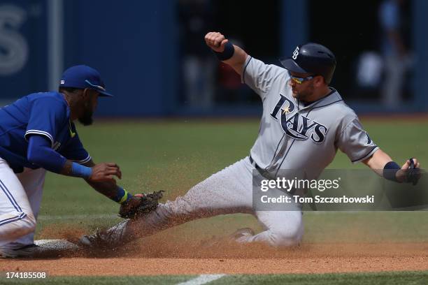 Luke Scott of the Tampa Bay Rays steals second base in the eighth inning during MLB game action as Jose Reyes of the Toronto Blue Jays applies the...