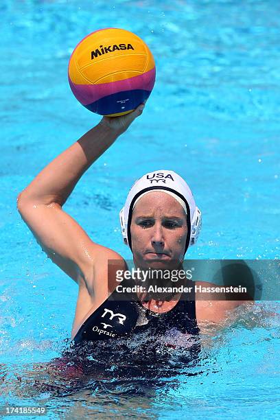 Kelly Rulon of the USA looks to make a pass during the Women's Water Polo first preliminary round match between USA and Greece during Day Two of the...