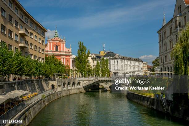 The Ljubljanica River, with the Triple Bridge and the Franciscan Church of the Annunciation in old Ljubljana, Slovenia.