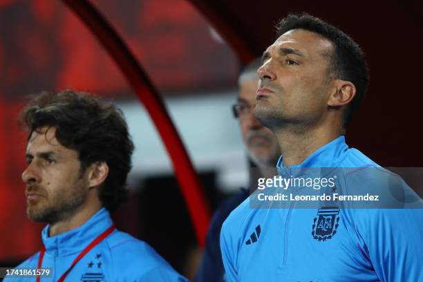 Pablo Aimar assistant coach and Lionel Scaloni head coach of Argentina looks on prior a FIFA World Cup 2026 Qualifier match between Peru and...