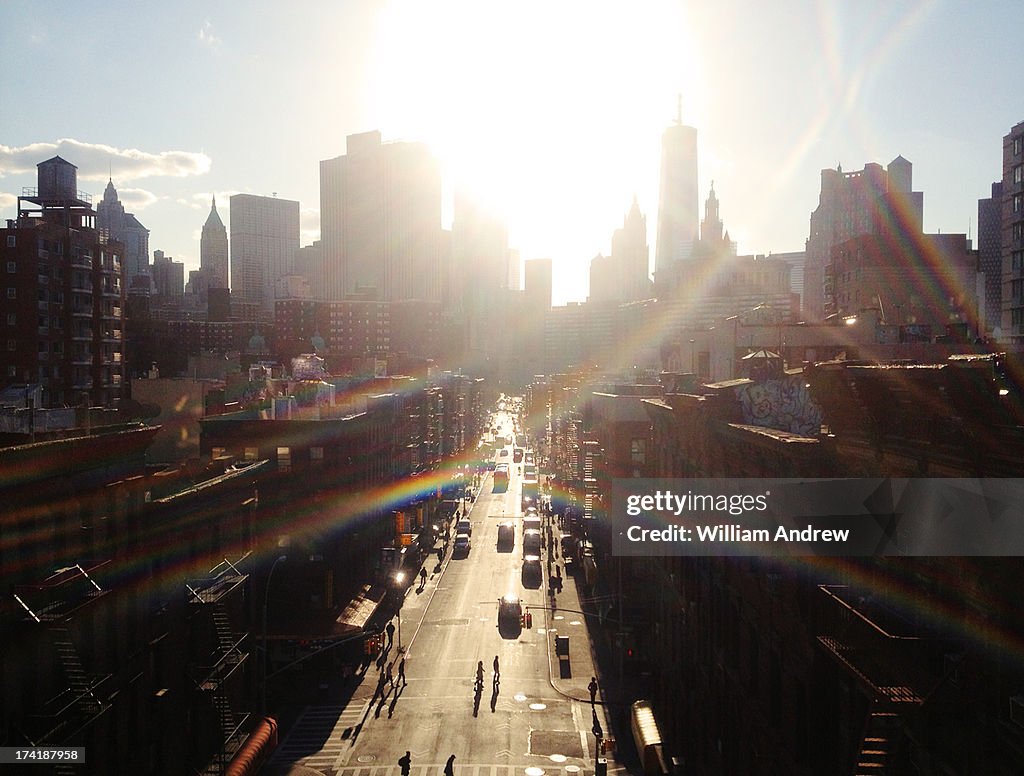 Downtown New York City with heavy lens flare