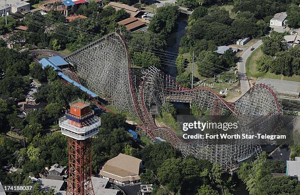 An aerial photo of the Texas Giant is shown, a day after a woman fell to her death from the roller coaster at Six Flags Over Texas in Arlington,...