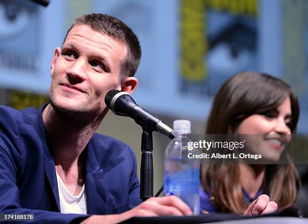 Actors Matt Smith and Jenna Coleman speak onstage at BBC America's "Doctor Who" 50th Anniversary panel during Comic-Con International 2013 at San...