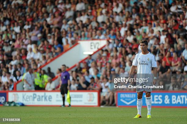 Cristiano Ronaldo of Real Madrid looks on during the pre season friendly match between Bournemouth and Real Madrid at Goldsands Stadium on July 21,...