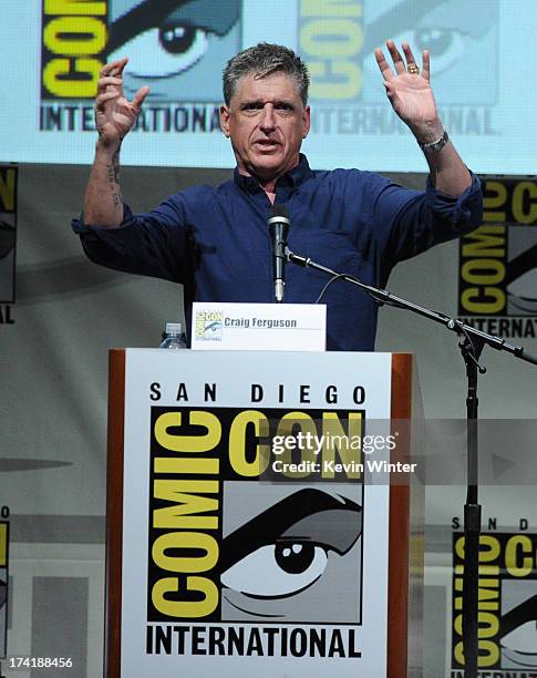 Mediator Craig Ferguson speaks onstage at BBC America's "Doctor Who" 50th Anniversary panel during Comic-Con International 2013 at San Diego...