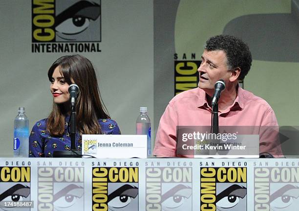 Actress Jenna Coleman and writer Steven Moffat speak onstage at BBC America's "Doctor Who" 50th Anniversary panel during Comic-Con International 2013...