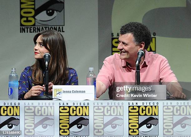 Actress Jenna Coleman and writer Steven Moffat speak onstage at BBC America's "Doctor Who" 50th Anniversary panel during Comic-Con International 2013...