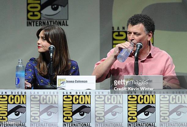 ActorJenna Coleman and wrtier Steven Moffat speak onstage at BBC America's "Doctor Who" 50th Anniversary panel during Comic-Con International 2013 at...