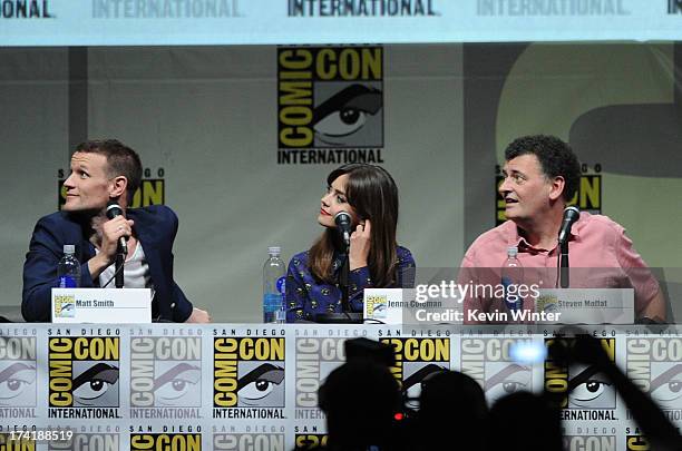 Actors Matt Smith, Jenna Coleman, and Steven Moffat speak onstage at BBC America's "Doctor Who" 50th Anniversary panel during Comic-Con International...