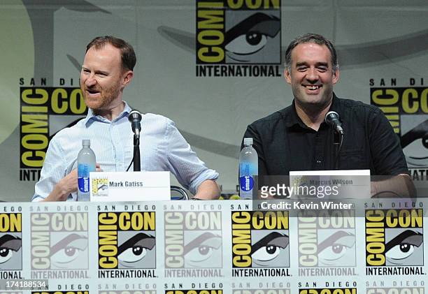 Mark Gatiss and Marcus Wilson speak onstage at BBC America's "Doctor Who" 50th Anniversary panel during Comic-Con International 2013 at San Diego...