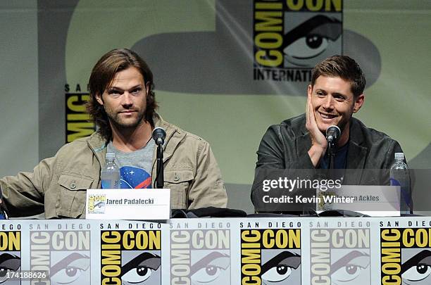 Actors Jared Padalecki and Jensen Ackles speak onstage at the "Supernatural" special video presentation during Comic-Con International 2013 at San...