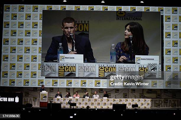 Mediator Craig Ferguson, actors Matt Smith, Jenna Coleman, writer Steven Moffat, David Bradley, Mark Gatiss, and Marcus Wilson speak onstage at BBC...