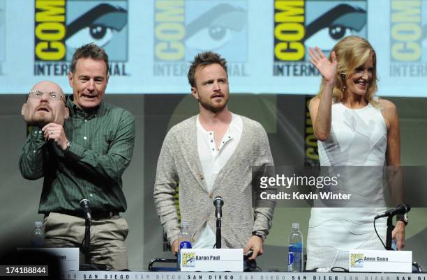 Actors Bryan Cranston, Aaron Paul, and Anna Gunn speak onstage at the "Breaking Bad" panel during Comic-Con International 2013 at San Diego...