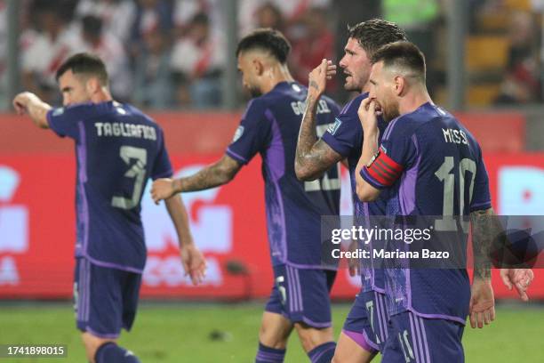 Lionel Messi of Argentina celebrates after scoring the team´s second goal during a FIFA World Cup 2026 Qualifier match between Peru and Argentina at...