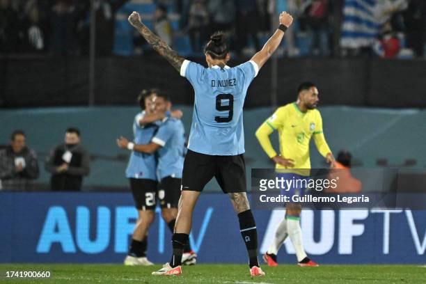 Darwin Nuñez of Uruguay celebrates after winning the FIFA World Cup 2026 Qualifier match between Uruguay and Brazil at Centenario Stadium on October...