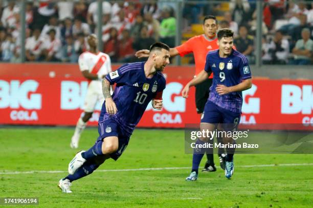 Lionel Messi of Argentina celebrates after scoring the team´s second goal during a FIFA World Cup 2026 Qualifier match between Peru and Argentina at...