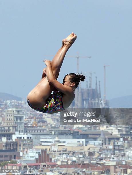 Tina Punzel of Germany competes in the preliminary round of The Women's 1m Springboard at The Piscina Municipal De Montjuic on day two of the 15th...