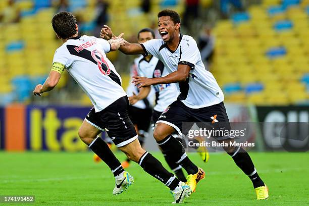 Juninho and his teammates of Vasco celebrate a goal against Fluminense during a match between Fluminense and Vasco as part of Brazilian Championship...