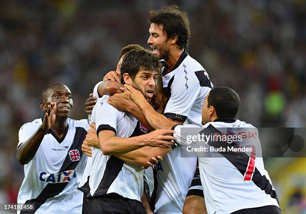 Juninho and his teammates of Vasco celebrate a goal against Fluminense during a match between Fluminense and Vasco as part of Brazilian Championship...