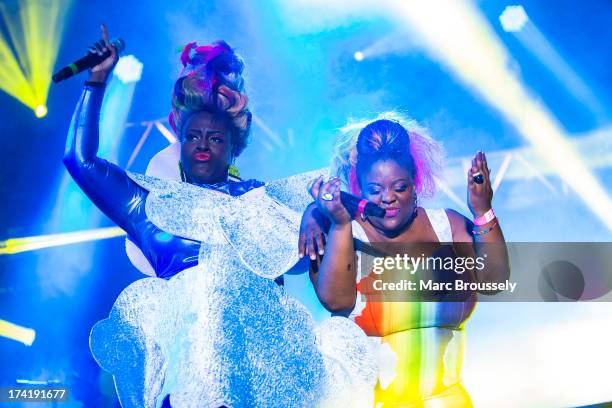 Corrina Josephs and Lisa Kekaula of Basement Jaxx perform on stage as part of the annual Summer Series of open-air concerts at Somerset House on July...