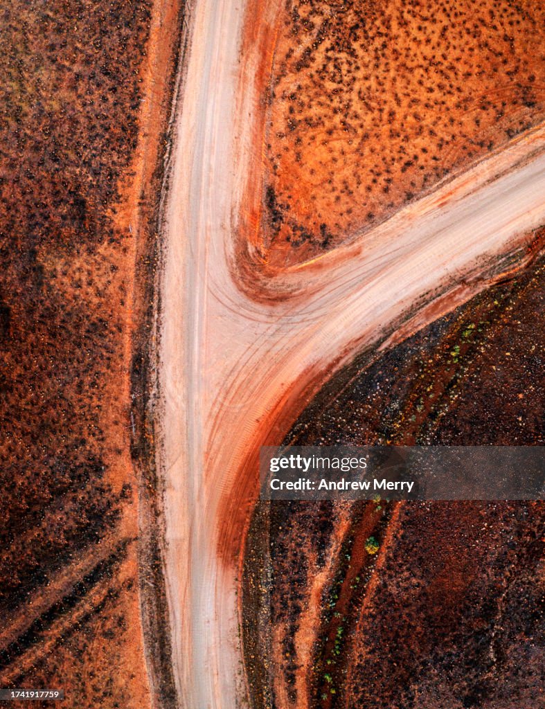 Fork in the road, dirt desert aerial abstract
