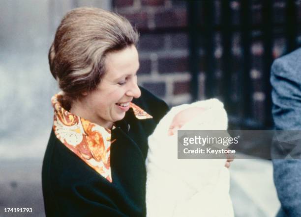Princess Anne leaves St Mary's Hospital, Paddington, with her three day-old baby daughter, Zara Phillips, London, 18th May 1981.