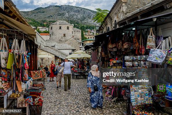 Bazaar scene with people in the old town of in Mostar,...
