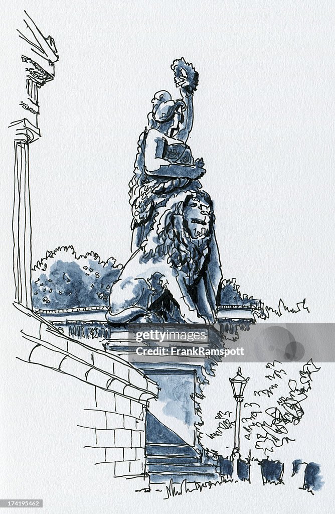 Bavaria Statue Lion Munich Watercolor Ink Sketch
