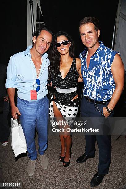 Frederic Marq, Adriana DeMoura and Vincent De Paul pose backstage at the A.Z. Araujo show during Mercedes-Benz Fashion Week Swim 2014 at Oasis at the...