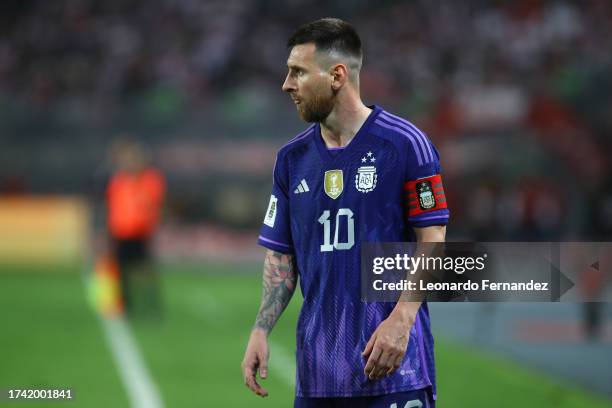 Lionel Messi of Argentina looks on during a FIFA World Cup 2026 Qualifier match between Peru and Argentina at Estadio Nacional de Lima on October 17,...
