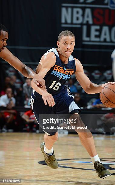 Brandon Triche of the Charlotte Bobcats drives under pressure during NBA Summer League game between the Charlotte Bobcats and the Golden State...