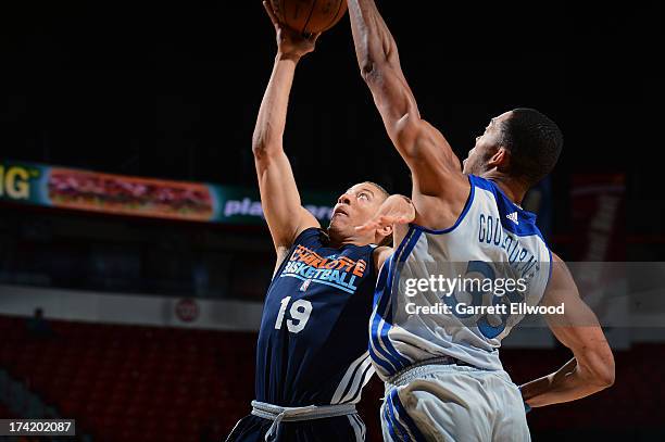 Brandon Triche of the Charlotte Bobcats goes to the basket as Lance Goulbourne of the Golden State Warriors defends during NBA Summer League game...