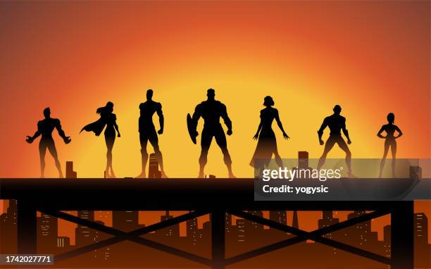 vector superhero team silhouette in a city stock illustration - action movie stock illustrations