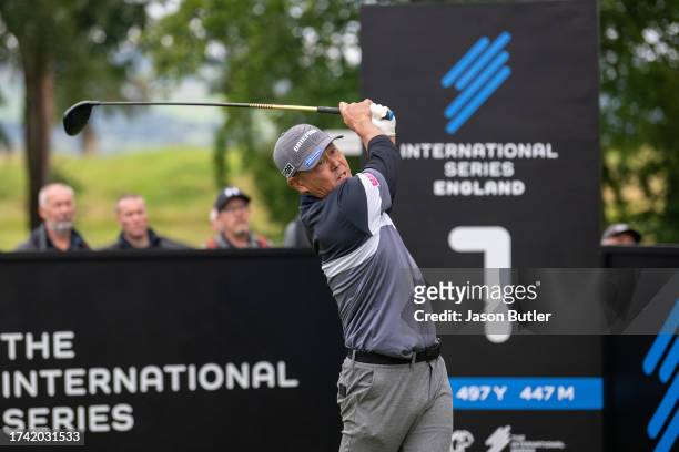 Hideto Tanihara of Japan tees off on hole 1 during the first round of the Asian Tour International Series England at Close House on August 17, 2023...