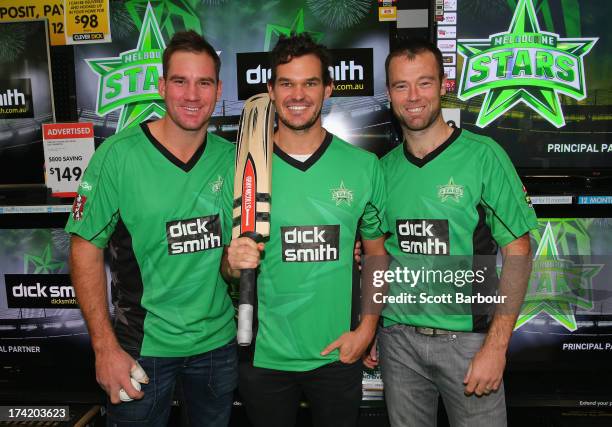 John Hastings, Clint McKay and Rob Quiney of the Stars pose during a Melbourne Stars Big Bash League media session at Victoria Gardens Shopping...