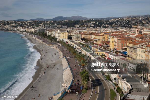 The Promenade des Anglais and beach in Nice, France, on Sunday, Oct. 22, 2023. Across the euro zone, inflation is still well above target and data...