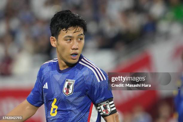 Wataru Endo of Japan looks on durin the international friendly match between Japan and Tunisia at Noevir Stadium Kobeon October 17, 2023 in Kobe,...