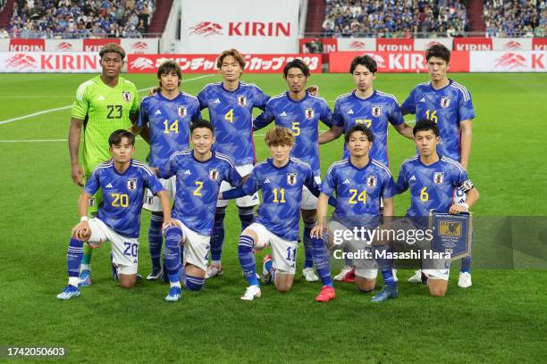 Players of Japan pose for photograph prior to the international friendly match between Japan and Tunisia at Noevir Stadium Kobeon October 17, 2023 in...