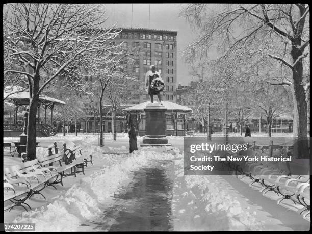 Statue of John Ericsson, Madison Square Park , winter view with snow, New York, New York, 1905.