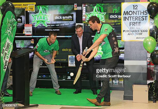 Rob Quiney and Clint McKay along with President of the Stars Eddie Mcguire play a game of cricket during a Melbourne Stars Big Bash League media...