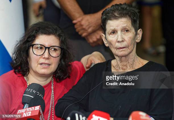Year-old Israeli Yochaved Lifshitz , taken hostage in the cross-border attack by Hamas, gives a press conference at Ichilov Hospital, in Tel Aviv,...